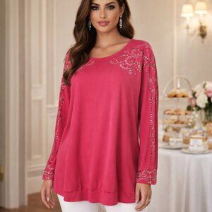 JM Collection Long Sleeve Hot Pink Embellished Tunic Top Blouse Size Large